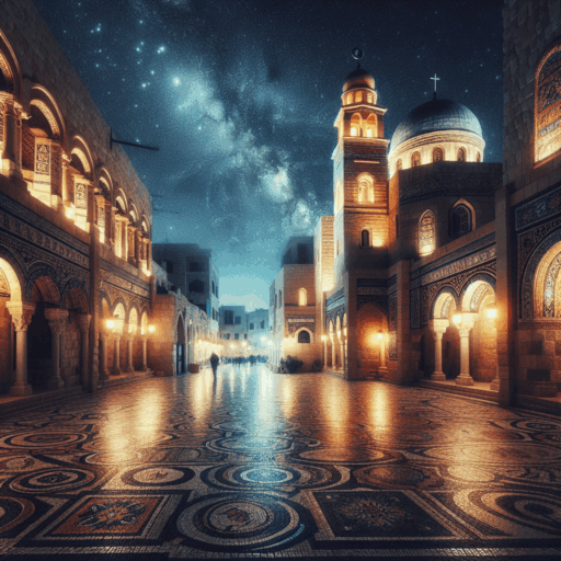 Explorar la Ciudad de los Mosaicos en Madaba en la noche.